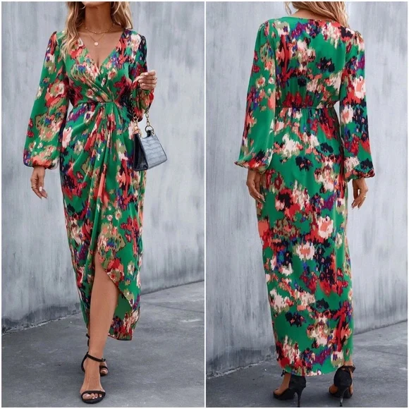 Boho Floral Print Satin Evening Date Maxi Dress - Picture 2 of 3